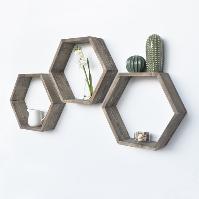 Hanah Home Hex001 Conjunto de 3 Estanterías de Pared de Madera de Abeto Color Nogal